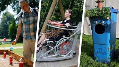 Eine Collage aus drei verschiedenen Fotos, die alle auf dem Erfahrungsfeld aufgenommen wurden: Ein Mann platziert einen Plastikball auf einem Wasserstrahl. Eine Frau sitzt in einer Rollstuhlschaukel. Eine blaue Mülltonne mit Augen und einem großen Loch als Mund.